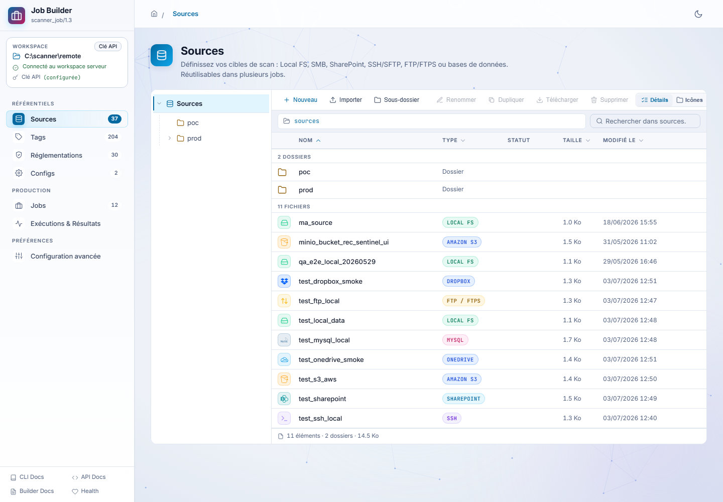 Job Builder : liste des sources de données configurées (SMB, S3, bases…)